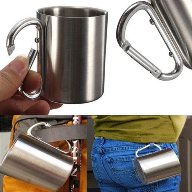 OUTAD 180ml Stainless Steel Cup Camping Traveling Outdoor Cup Double Wall Mug with Carabiner Hook Handle