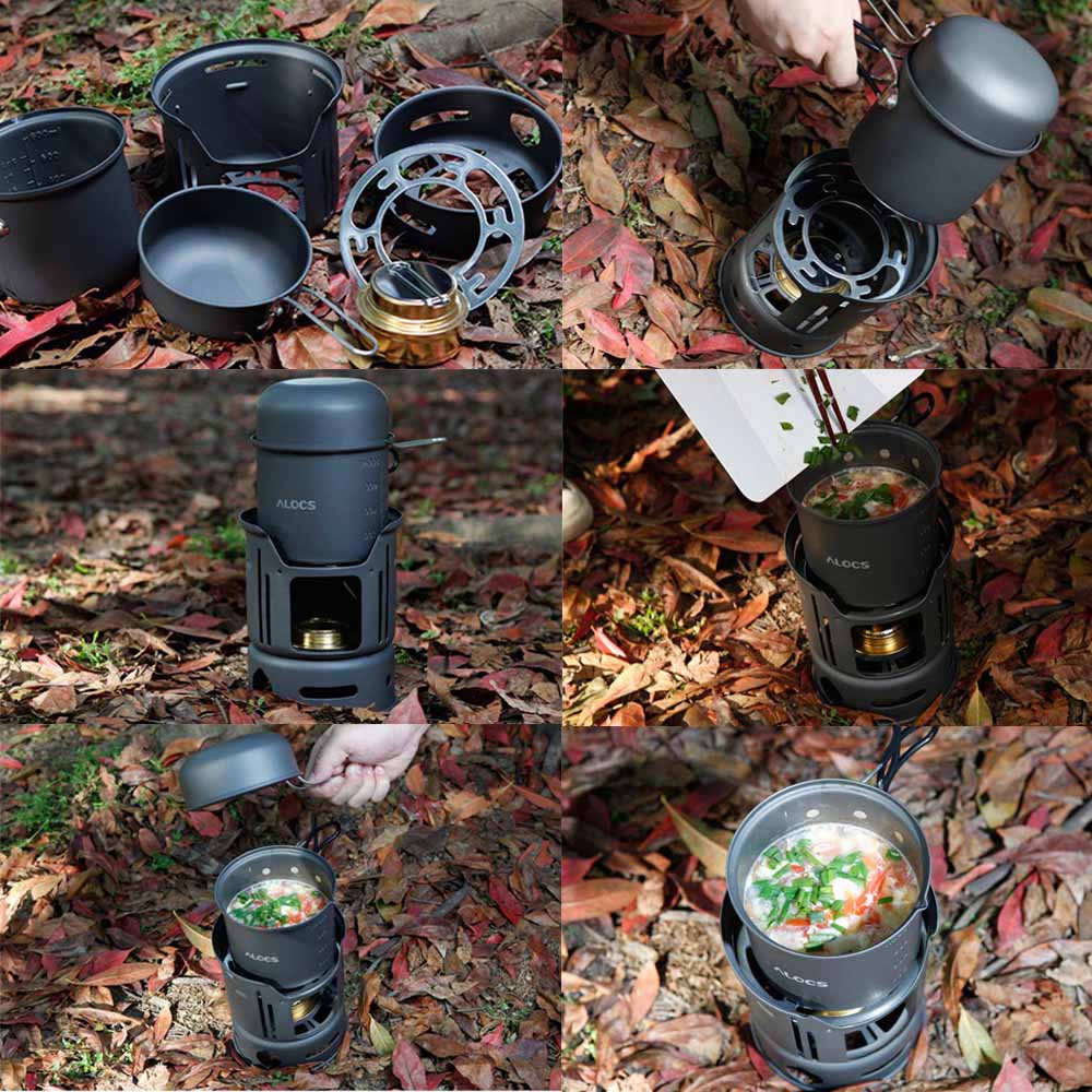 ALOCS CW-C01 7pcs Outdoor Camping Cooking Set Portable Stove Camping Cookware Pots Bowl Cooker Stove Picnic BBQ Travel 1-2Person