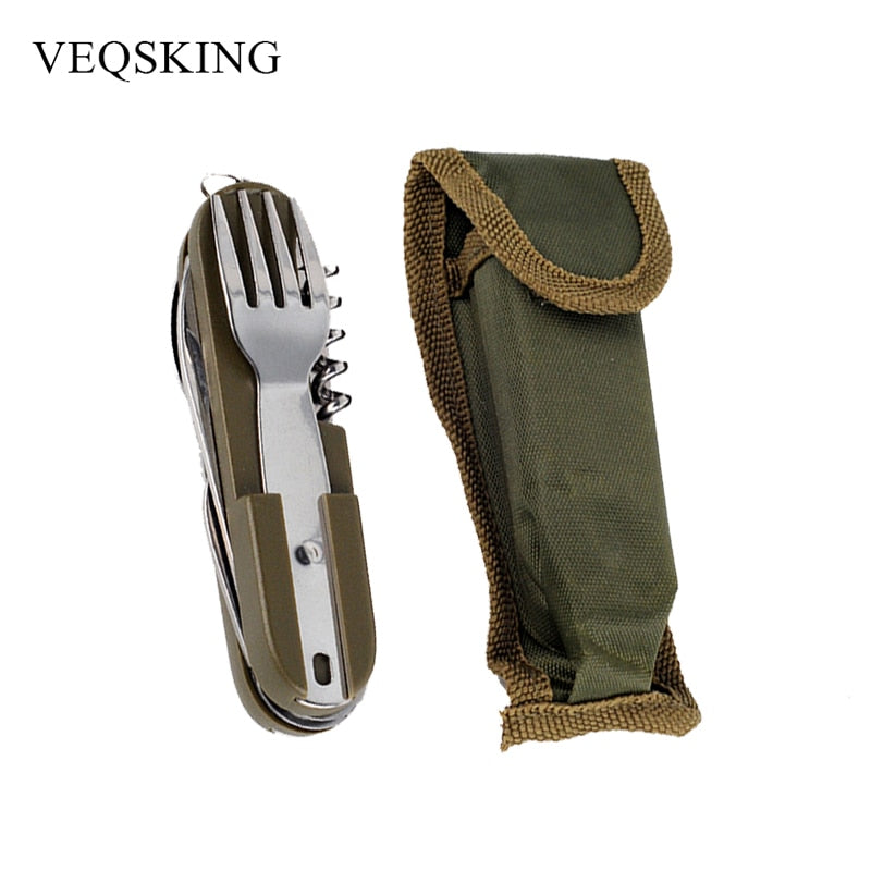 Army Green Folding Portable Stainless Steel Camping Picnic Cutlery Knife Fork Spoon Bottle Opener Flatware Tableware Travel Kit