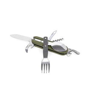 Army Green Folding Portable Stainless Steel Camping Picnic Cutlery Knife Fork Spoon Bottle Opener Flatware Tableware Travel Kit